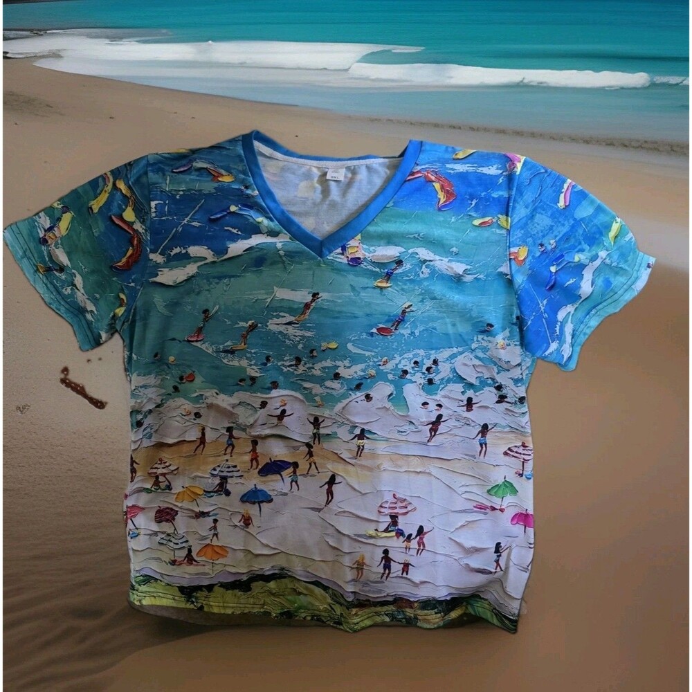 Chaos Monkey Beach Day Painting Graphic Shirt Size Womens Plus OXL